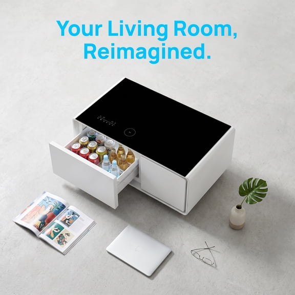 Modern Smart Coffee Table with Built-in Fridge, Bluetooth Speaker, Wireless Charging, USB Ports & RGB Light, Dual-Zone Refrigerated Drawers for Living Room