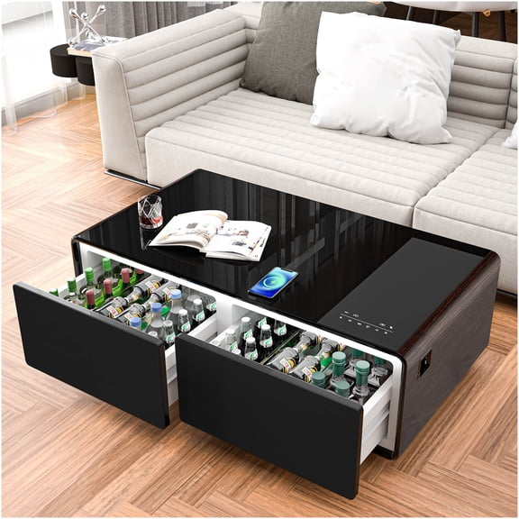 Modern Smart Coffee Table with Built-in Fridge, Bluetooth Speakers, Wireless Charging, Power Outlet, USB Ports, RGB Lighting, Brown and Black Finish