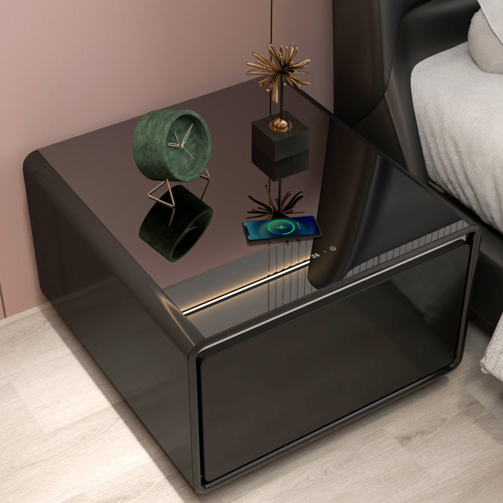 Modern Smart Side Table with Builtin Fridge, Wireless Charging
