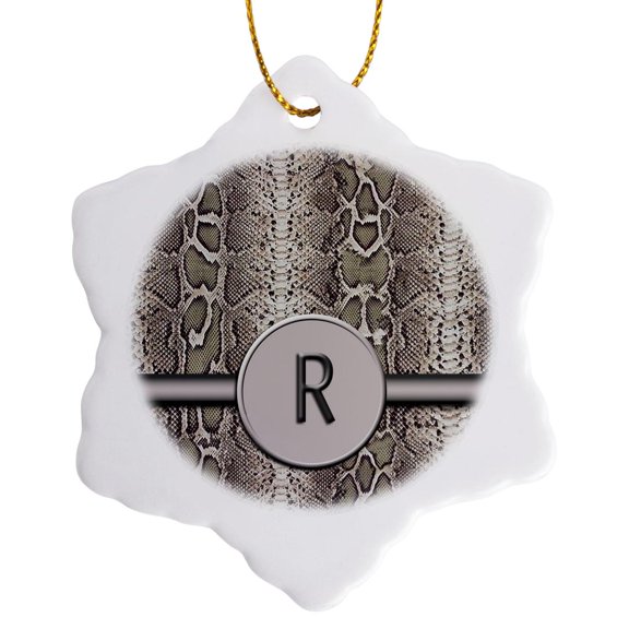 3drose, Modern Snakeskin with Round Framed Monogram Letter R, 3 inch Snowflake Porcelain Ornament
