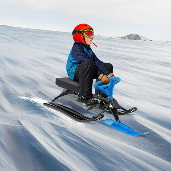 Modern Snow Sled Kids Snow Racer Sled W/ Steering Wheel & Double Brakes Pull Rope Snow Slider Blue