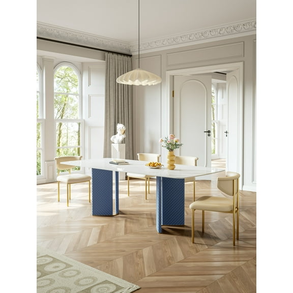 Modern Snow-White Slate Table Top Dining Table with Blue Pedestal