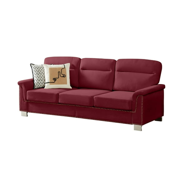 Modern Snowfleece Velvet Three Seat Sofa Couch with Nailhead Trim, High Back Support, Thick Foam Spring Cushions, Wood Metal Frame, 700LB Capacity, for Living Room Bedroom Office Lounge (Burgundy)