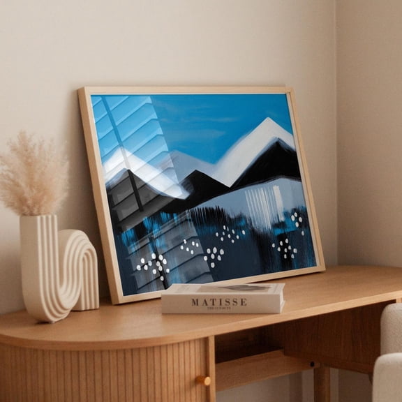 Modern Snowy Mountain Print, Black And White Peaks Art, Minimalist Winter Blue Landscape, Abstract Alpine, Poster Wall Art, Modern Wall Decor, 24x36 UNFRAMED