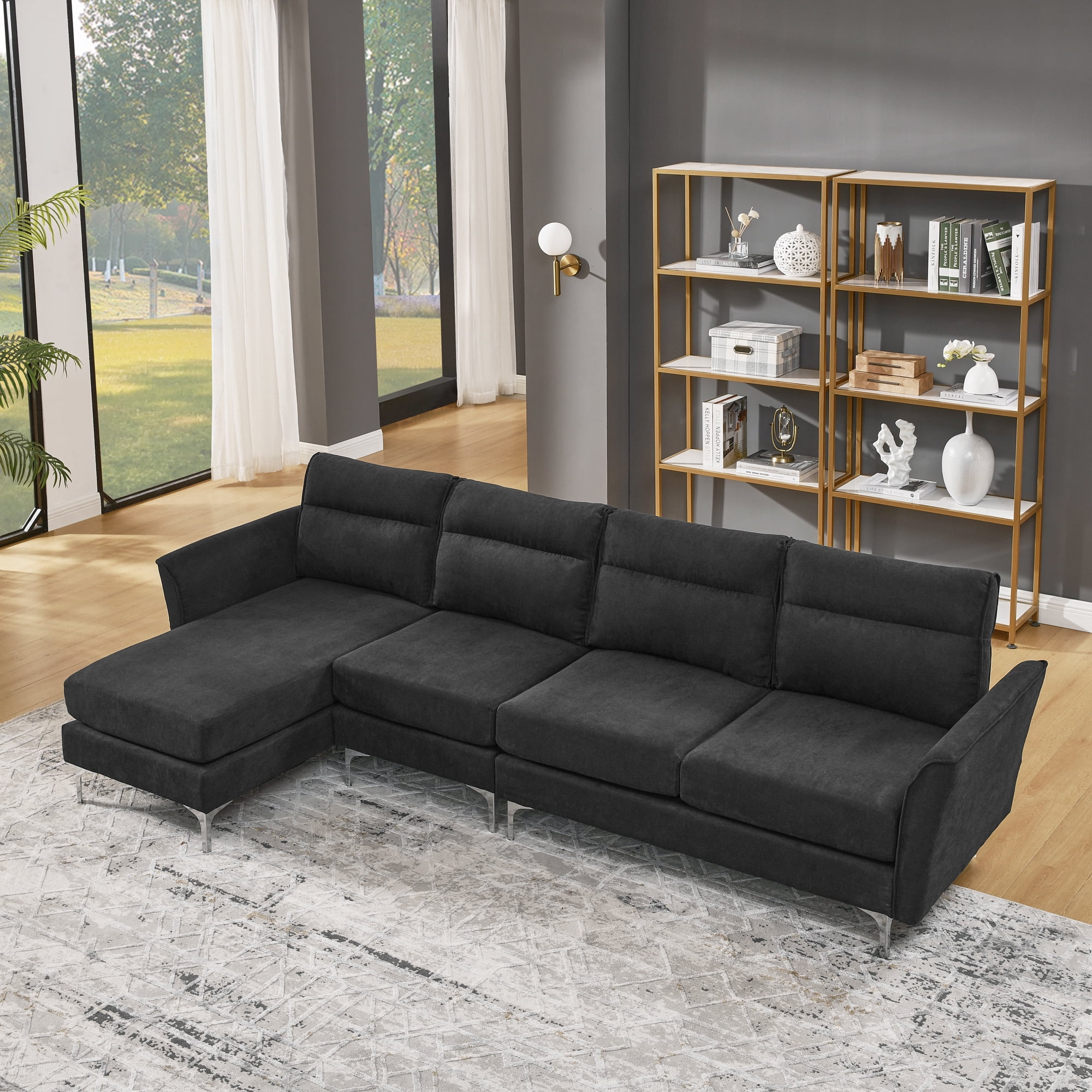 Modern Sofa 3-Seat Couch with Stainless Steel Trim and Metal Legs for Living Room