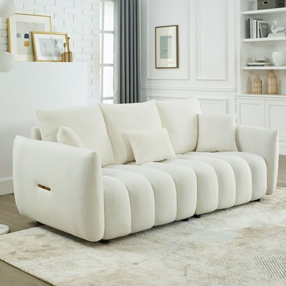 Modern Sofa 3-Seat, Teddy Fabric Sofa Couch with 3 Backrests and Pillows, Loveseat Sofas Comfy Upholstered Furniture with Solid Wood Frame for Living Room, Apartment, Studio, Beige