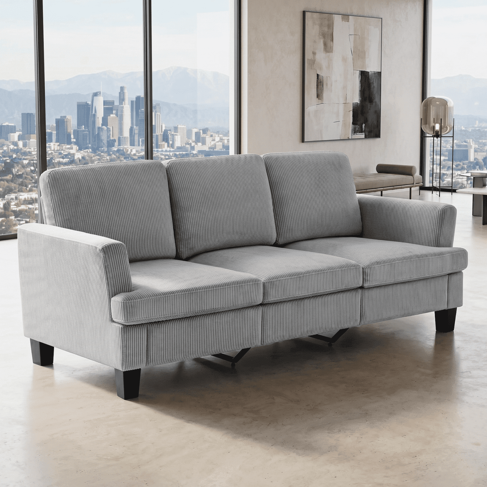 3 Seater Sofa, 84"W Corduroy Sofa with Extra Deep Seats, Modern Comfy Couch for Living Room, Gray