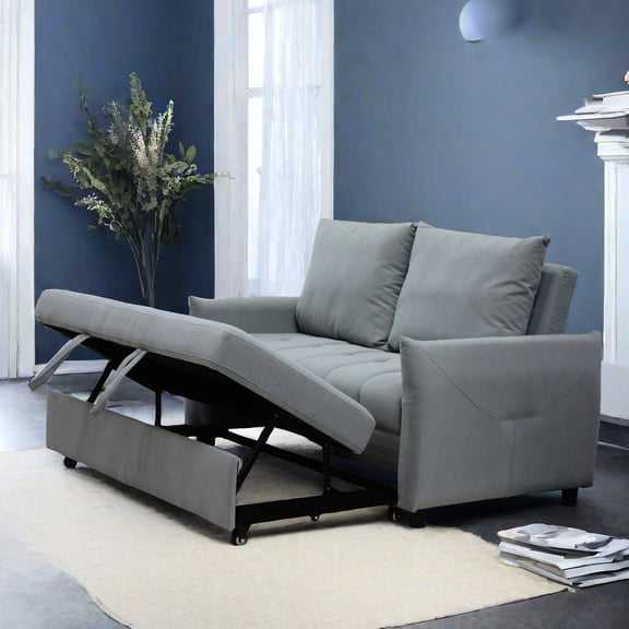 Modern Sofa Bed - Adjustable Back and Soft Seating - In Living Room - Light Blue Velvet