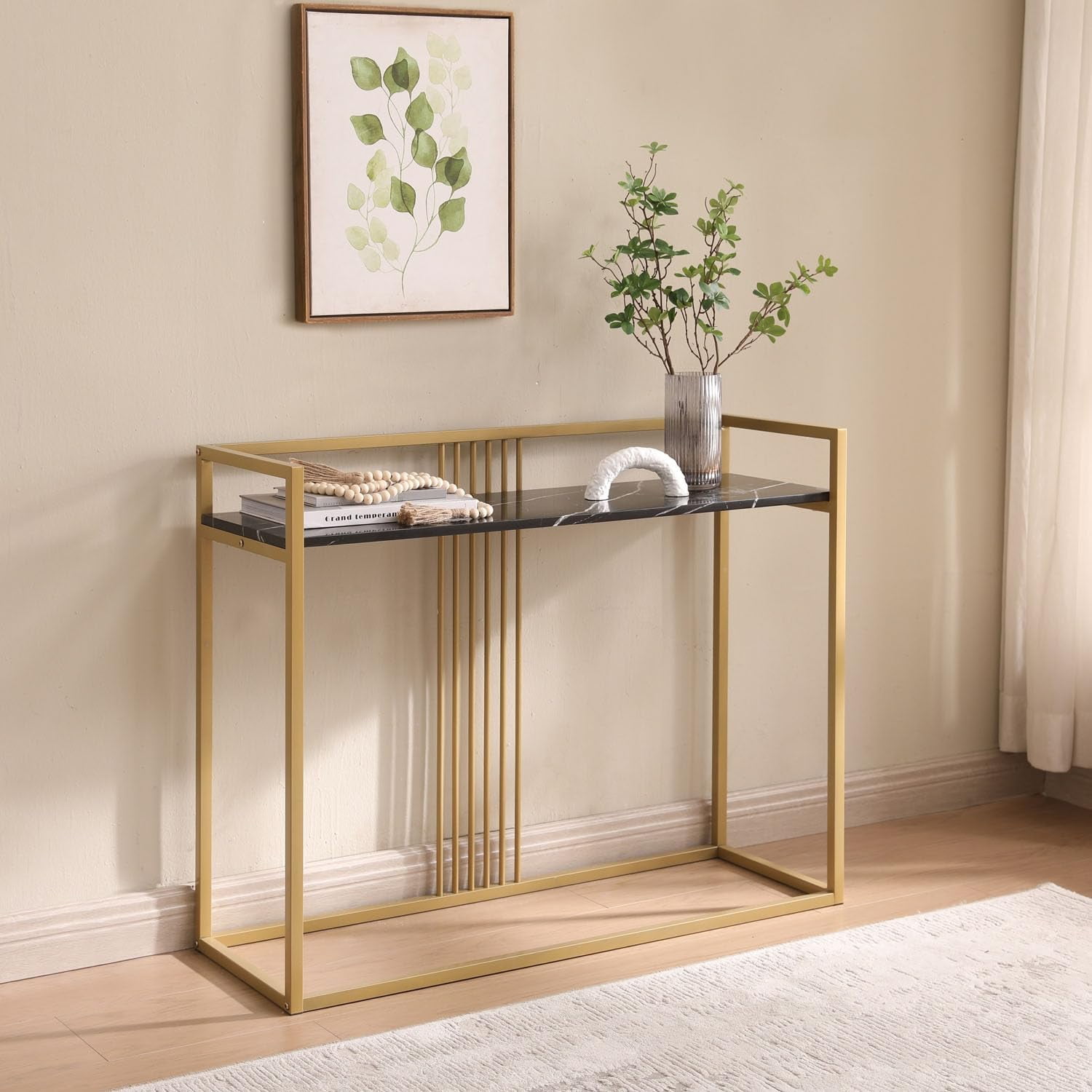  Modern Sofa Console Table with Black Faux Marble Storage Shelf & Gold