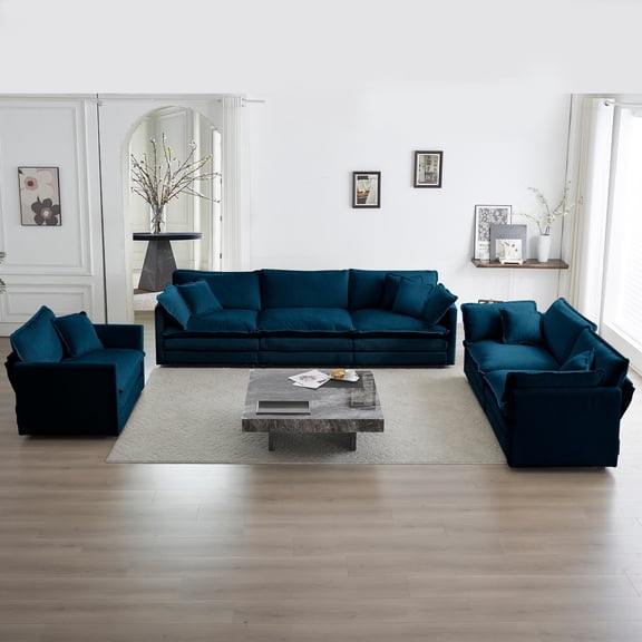 Modern Sofa Couch, 3 Piece Set Extra Deep Seat Sectional Sofa for Living Room, Oversized Sofa, 3 Seat Sofa, Loveseat and Single Sofa (Blue)