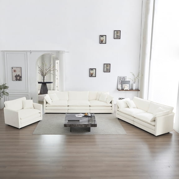 Modern Sofa Couch, 3 Piece Set Extra Deep Seat Sectional Sofa for Living Room, Oversized Sofa, 3 Seat Sofa, Loveseat and Single Sofa (White)