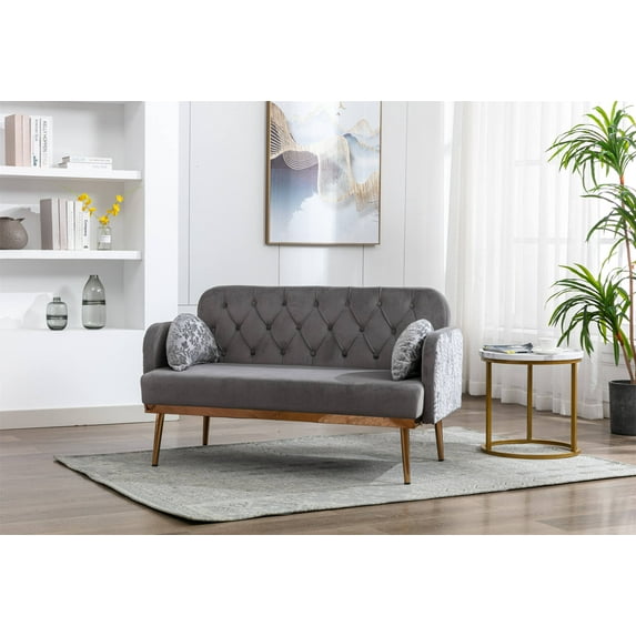 Modern Sofa Couch, Velvet Fabric Loveseat Sofa with Solid Wood Frame, Loveseat sofa with metal feet, Mid Century Modern Couch, for Living Room, Bedroom, Office, Apartment, Easy Assembly, Gray