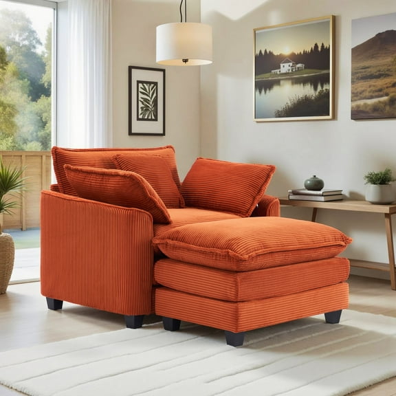 Oversize Chair with Ottoman, Gexpusm Modern Comfy Living Room Chair, Corduroy Upholstered Armchair, Compact Reading Chair with Footrest for Living Room, Bedroom and Office,Orange
