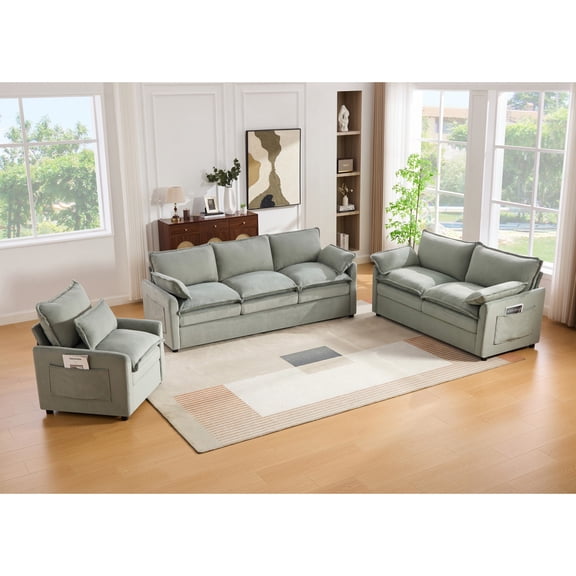 Modern Sofa Set, 1/2/3-Seat, Soft Plush Upholstered Couch Collection with Double-Layer Cushion and Side Storage Pockets for Living Room (Green)