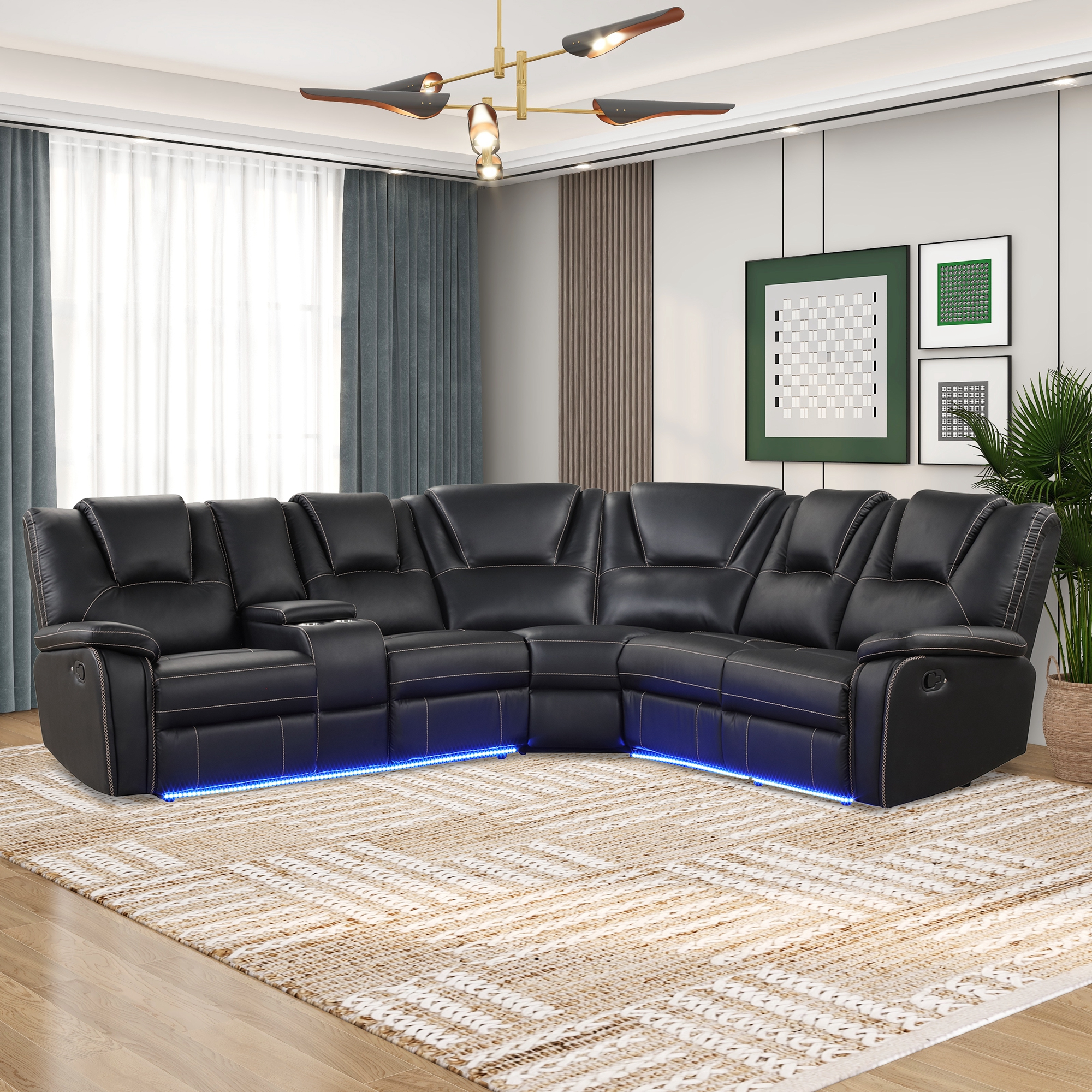 Modern Sofa Set, Faux Leather Manual Reclining with Center Console and LED Light Strip, Living Room Furniture Set, PU Symmetrical Couch with 2 Cup Holders and Storage for Living Room