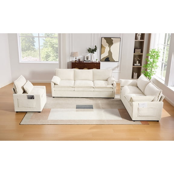 Modern Sofa Set Soft Plush Upholstered Couch Collection with Double-Layer Cushion and Side Storage Pockets for Living Room, Beige