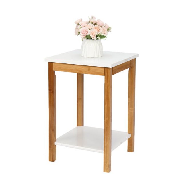 Modern Sofa Side Table with White Desktop & Natural Wood Legs, End