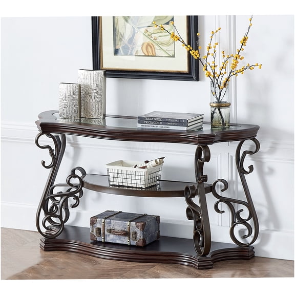 Modern Sofa Table with Glass Top and Marble Pattern Shelf, Dark Brown Console Table for Living Room, Entryway, or Behind Couch