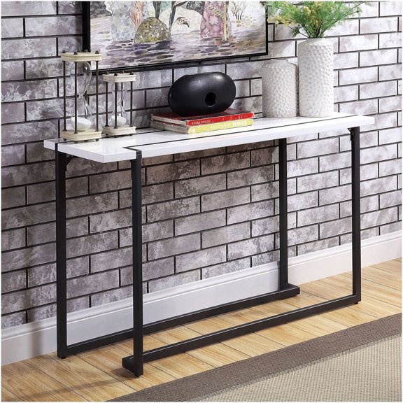Modern Sofa Table with Lacquer Top and Metal Legs, Gunmetal and White Finish, Console Table for Living Room