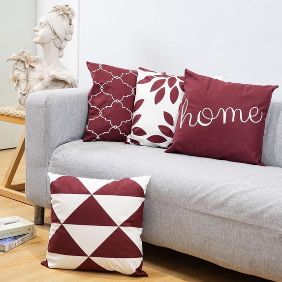 Modern Sofa Throw Pillow Cover, Solid Sewing Seam Double Sides Home Pattern Burgundy with Zipper Outdoor 16 Inch Decorative Square Pillows Cases Cushion Covers for Couch Patio Bedroom Decor
