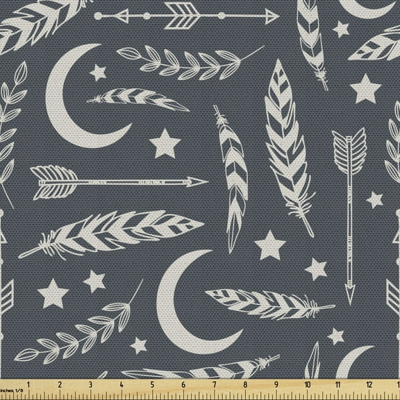Ambesonne Modern Fabric by the Yard Upholstery, Arrows Stars Crescent Moon, 5 Yards, Blue Grey and Pale Grey