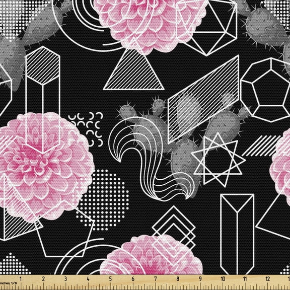 Ambesonne Modern Fabric by the Yard Upholstery, Abstract Forms and Flower, 2 Yards, Charcoal Grey Pink White