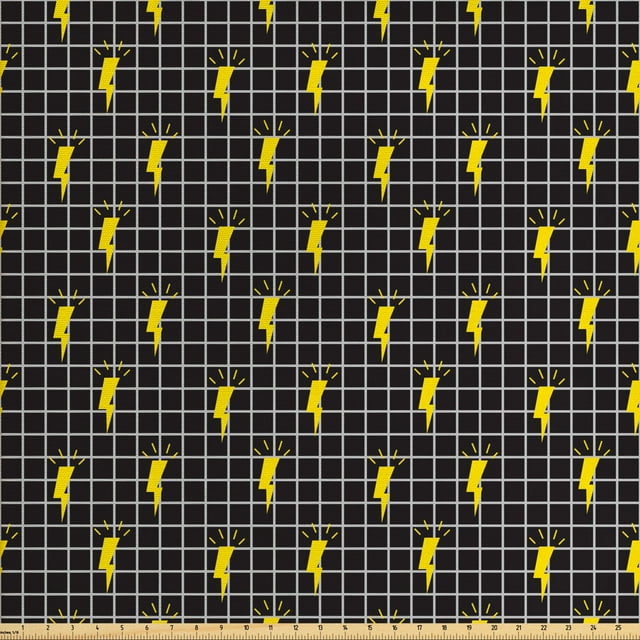 Ambesonne Modern Fabric by the Yard Upholstery, Thunder Symbols Elements Art, 5 Yards, Charcoal Grey and Yellow