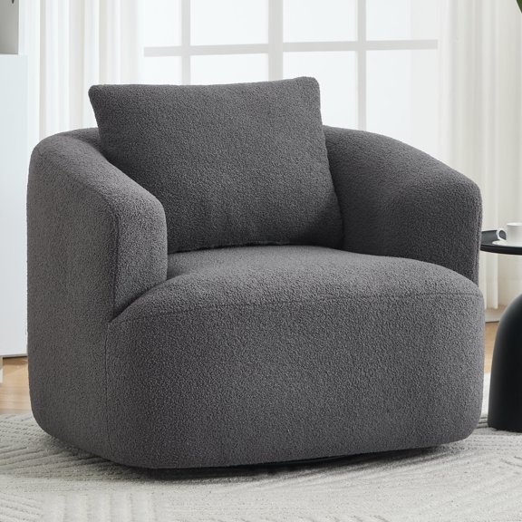 Modern Sofas 360° Swivel Round Upholstered Comfy Chair With One Soft Pillow, Teddy Fleece High-Resilience Sponge Single Sofa, No Assembly for Living Room, Bedroom, Apartment, Dark Grey.,Rustic Sofas
