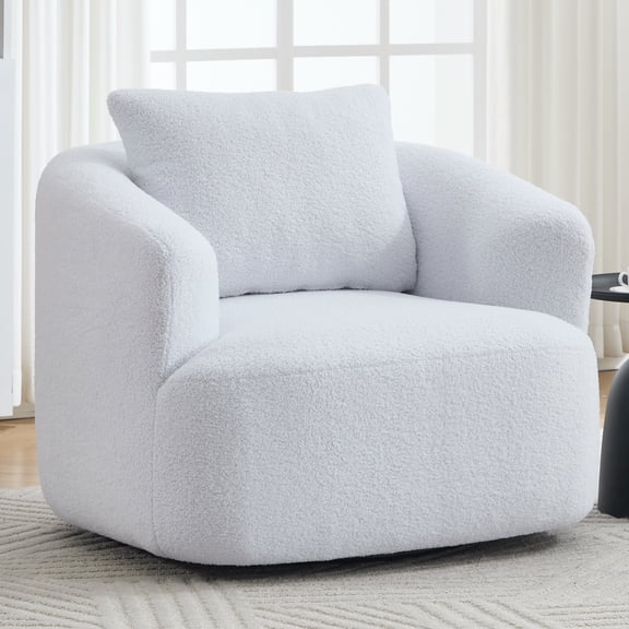 Modern Sofas 360° Swivel Round Upholstered Comfy Chair With One Soft Pillow, Teddy Fleece High-Resilience Sponge Single Sofa, No Assembly for Living Room, Bedroom, Apartment, White,Rustic Sofas