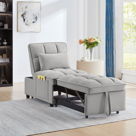 Modern Sofas 4 in1 Multi-Function Single Sofa Bed with Storage Pockets,Tufted Single Pull-out Sofa Bed with Adjustable Backrest and Pillows ,Convertible Chaise Lounge,Gray,Rustic Sofas