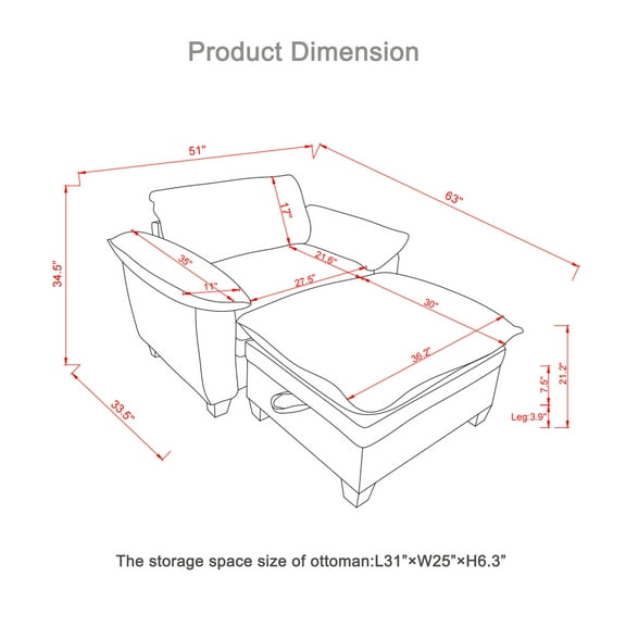 Modern Sofas 51" Oversize Chaise Lounge Chair with Ottoman and Storage Upholstered Soft Chenille Black,Rustic Sofas