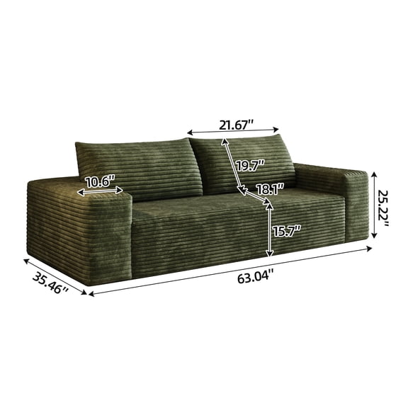 Modern Sofas 63" 2Setaser Sofa,Corduroy Fabric,Deep Seat Couches,Comfy Loveseat Sofa,No Assembly,1pcs for Living room, Bedroom,Conference room ,Apartment,Green,Rustic Sofas