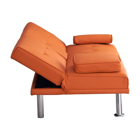 Modern Sofas 67" Orange Leather Office Sofa Bed, Double Fold, with Coffee Table, Multifunctional,Rustic Sofas