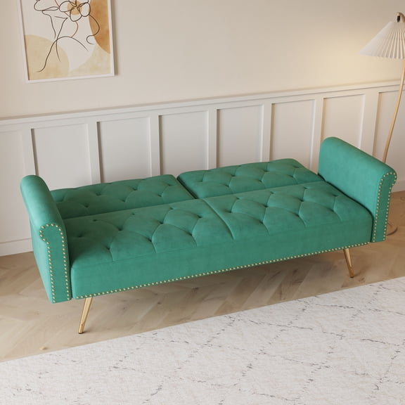 Modern Sofas A 69.7-inch-long sofa bed covered in green velvet fabric, featuring nail head trim and accompanied by a matching throw pillow,Rustic Sofas