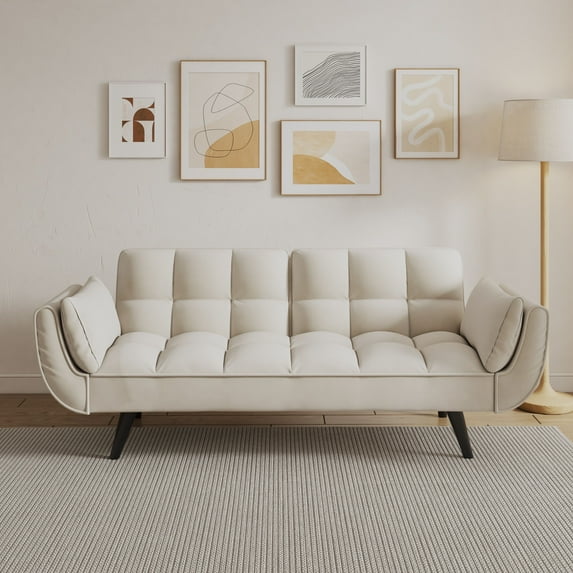 Modern Sofas 74 inch beige sofa soft two armrests throw pillow pillow comfortable fit apartment bedroom small space,Rustic Sofas