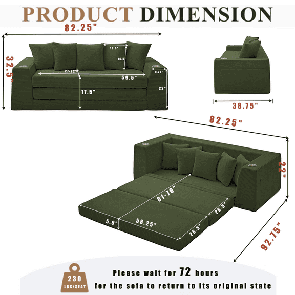 Modern Sofas 82.25" Convertible Sofa Bed,Loveseat Sleeper Sofa,2 in 1 Sofa, Corduroy Pull Out Sofa Bed,5 Pillows , Side Pocket,No Assembly, Two Cup Holders,Wide Armrest,3 Seat,Green,Rustic Sofas