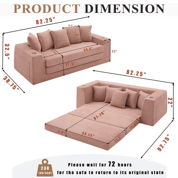 Modern Sofas 82.25" Convertible Sofa Bed,Loveseat Sleeper Sofa,2 in 1 Sofa, Corduroy Pull Out Sofa Bed,5 Pillows , Side Pocket,No Assembly, Two Cup Holders,Wide Armrest,3 Seat,Pink,Rustic Sofas
