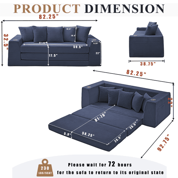 Modern Sofas 82.25" Convertible Sofa Bed,Loveseat Sleeper Sofa,2 in 1 Sofa, Corduroy Pull Out Sofa Bed,5 Pillows , Side Pocket,No Assembly, Two Cup Holders,Wide Armrest,3 Seat,Blue,Rustic Sofas