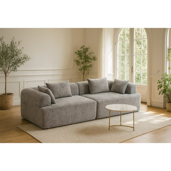 Modern Sofas Full-Foam Modular Sofa, 96" Bouclé 2-Piece Sectional with Rounded Arms, Cloud-Like Comfort, Compressed Packing:33015-GR,Fabric Sofas