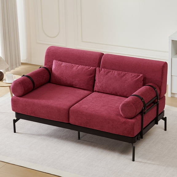 Modern Sofas Modern Loveseat Sofa 59" Sofa Couch 2-Seater Sofa with Flexible USB Ports , Unique Cylindrical Armrests for Living Room, Red,Rustic Sofas