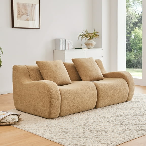 Modern Sofas Soft Teddy Fabric Boneless Sofa,No Assembly Required Streamlined Design,Anti-Slip Design 32D High Density Sponge Fits Living Rooms Bedrooms,Camel,Rustic Sofas