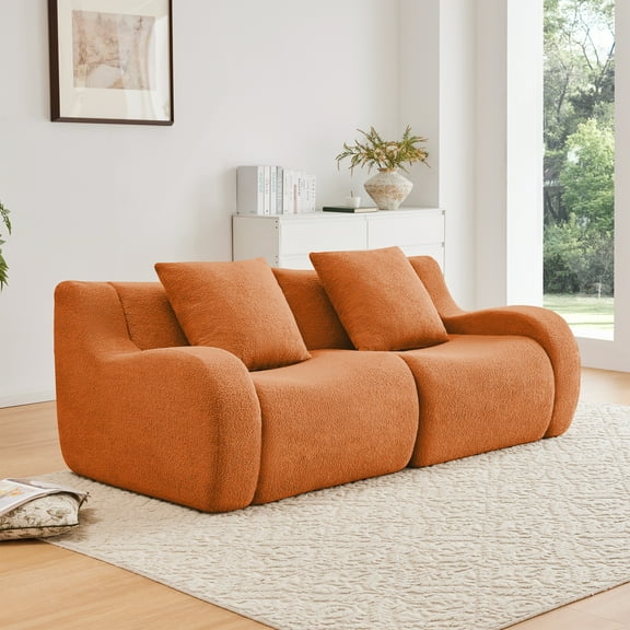Modern Sofas Soft Teddy Fabric Boneless Sofa,No Assembly Required Streamlined Design,Anti-Slip Design 32D High Density Sponge Living Rooms Bedrooms,Orange,Rustic Sofas
