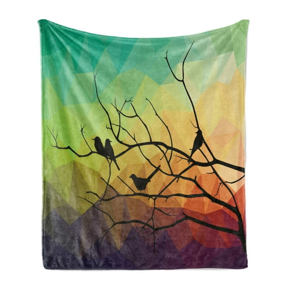 Modern Soft Flannel Fleece Blanket, Birds on Branch with Geometrical Abstract Rainbow Colored Sharp Lines Backdrop Print, Cozy Plush for Indoor and Outdoor Use, 50" x 70", Multicolor, by Ambesonne