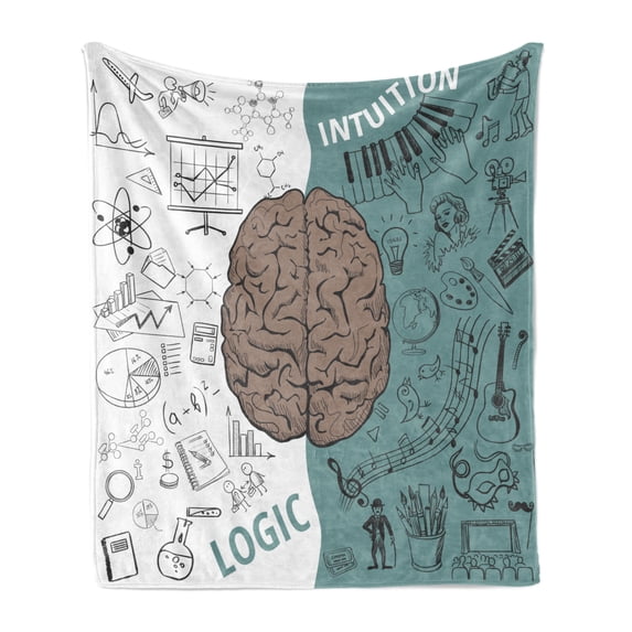 Modern Soft Flannel Fleece Blanket, Brain Image Left and Right Music Logic Artwork Side Science Educational Print, Cozy Plush for Indoor and Outdoor Use, 70" x 90", White Teal Umber, by Ambesonne