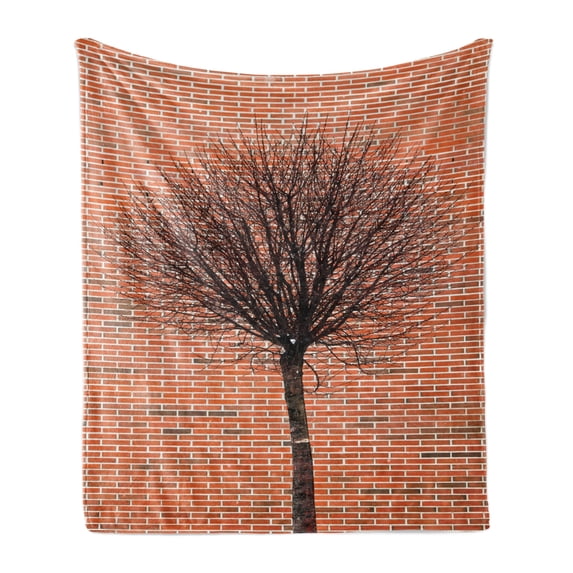 Modern Soft Flannel Fleece Blanket, Brick Wall Bare Branched Lonely Tree Street View Art Print Symbolic Abstract, Cozy Plush for Indoor and Outdoor Use, 60" x 80", Cinnamon and Brown, by Ambesonne