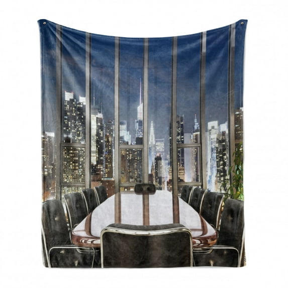 Modern Soft Flannel Fleece Blanket, Business Office Conference Room Table Chairs City View at Dusk Realistic Photo, Cozy Plush for Indoor and Outdoor Use, 70" x 90", Grey Black Blue, by Ambesonne