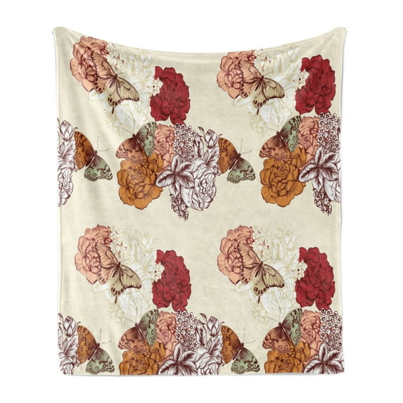 Modern Soft Flannel Fleece Blanket, Classic Big Flowers Butterflies Art Print Romantic Composition with Blooming Flora, Cozy Plush for Indoor and Outdoor Use, 50" x 70", Cream Orange, by Ambesonne