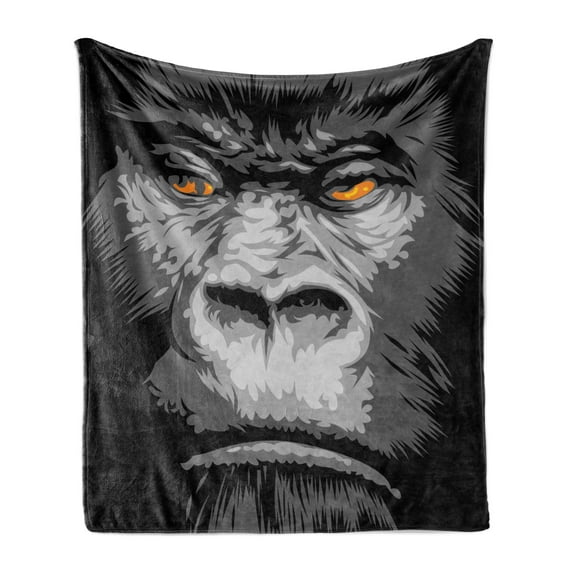 Modern Soft Flannel Fleece Blanket, Close up Gorilla Portrait with Orange Eyes Zoo Jungle Animal Wild Money Graphic, Cozy Plush for Indoor and Outdoor Use, 50" x 70", Grey Marigold, by Ambesonne