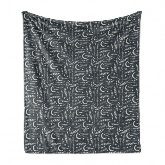 Modern Soft Flannel Fleece Blanket, Concept of Arrows Stars Crescent Moon Leaves Silhouettes Pattern Design, Cozy Plush for Indoor and Outdoor Use, 60" x 80", Blue Grey and Pale Grey, by Ambesonne