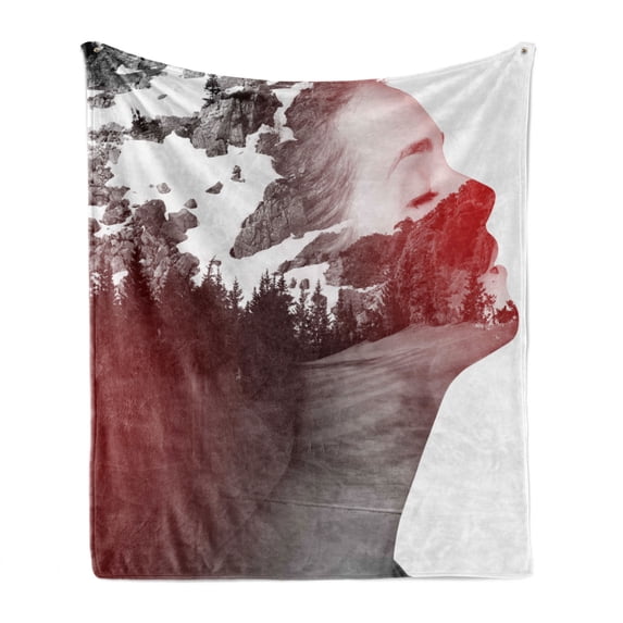 Modern Soft Flannel Fleece Blanket, Double Exposure Woman Portrait Combined with Rocky Mountain Pine Trees Image, Cozy Plush for Indoor and Outdoor Use, 60" x 80", Dimgrey Ruby White, by Ambesonne